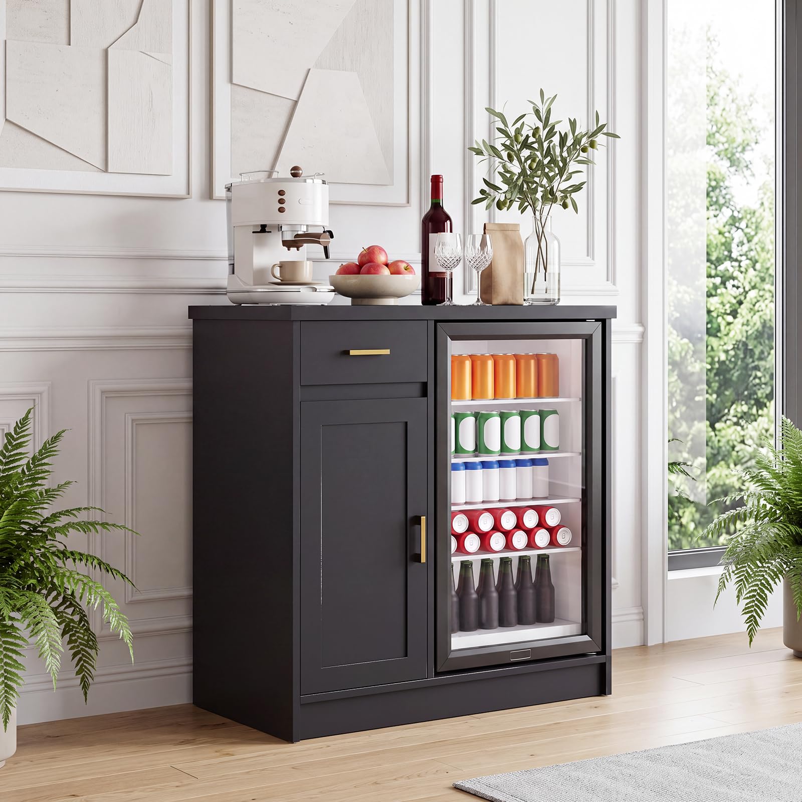 Home Bar And Cabinet - 42インチのファームハウス風ワインバーキャビネット、24インチのミニ冷蔵庫用、2つのコンセントと2つのUSBポート付きコーヒーバー、引き出しと扉付き収納サイドボード