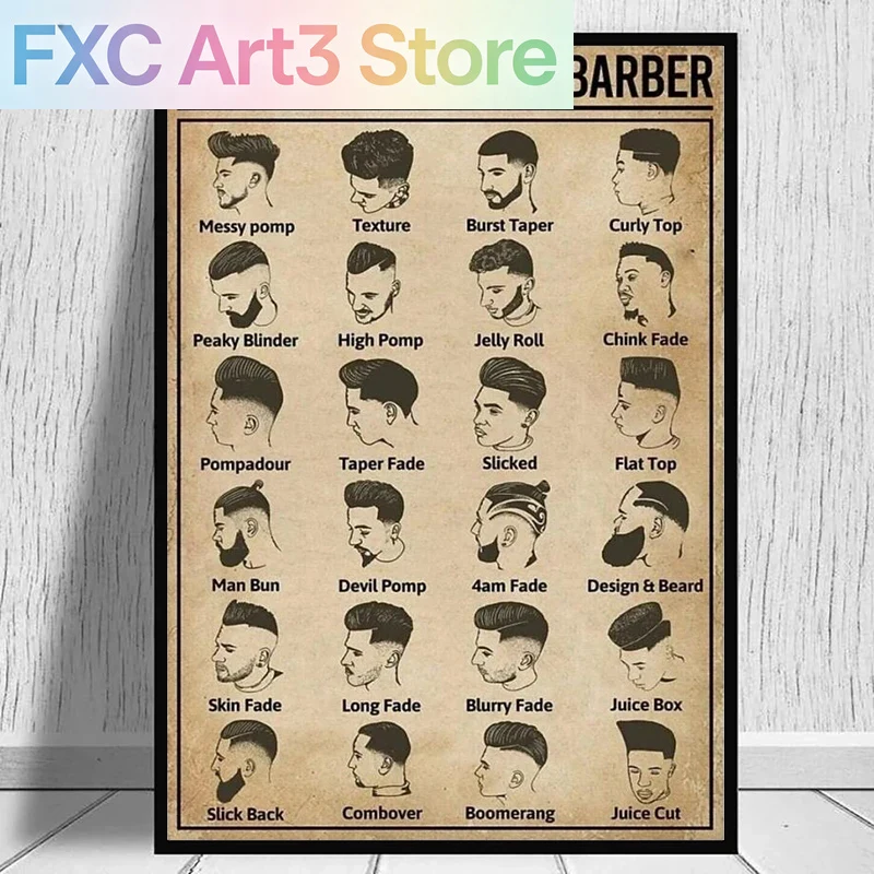 Home Barber - フレームレス、レトロなヘアカットの種類理髪店ポスターとプリントキャンバス絵画ヴィンテージウォールアート理髪店ルーム家の装飾用 G