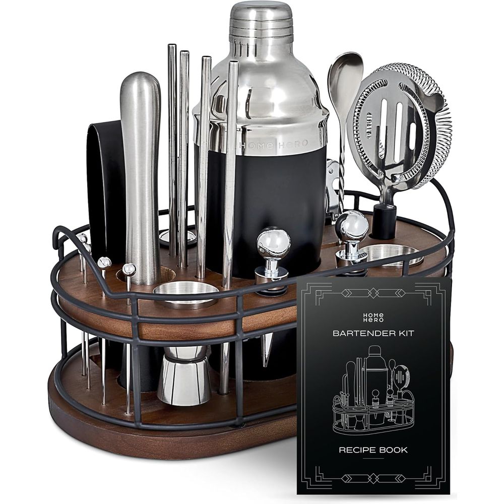 Cocktail Recipe Book - 22点入りカクテルシェーカー＆バーツールセット - 木製スタンドディスプレイ＆バーカートアクセサリー - レシピブック＆新築祝いギフト -