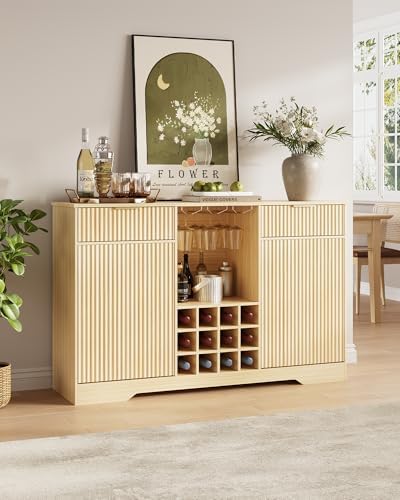 Home Bar And Cabinet - 55インチ フルート型ワインバーキャビネット - 家庭用収納付きコーヒーバーキャビネット、2ドア＆2引き出し付きビュッフェサイドボード（リキュール収納付き）