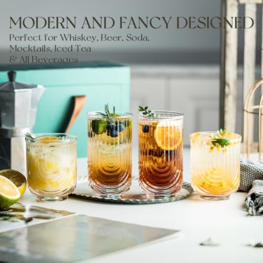 アールデコ調カクテルグラス、リブ付きドリンクグラス8個セット - Highball Glass Set のレビューと価格