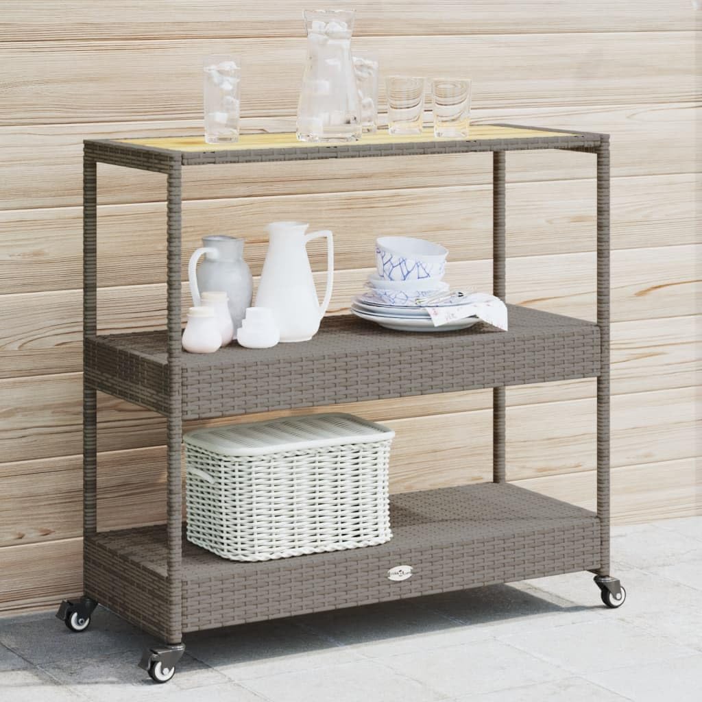 3段式屋外バーカート、木製天板と籐製棚を備えた移動式サービン - Home Bar Shelf のレビューと価格