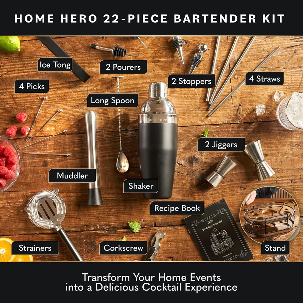 22点入りカクテルシェーカー＆バーツールセット - 木製スタ - Cocktail Recipe Book のレビューと価格